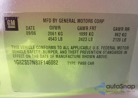 2007 Saturn Aura z USA, uszkodzony, nr VIN 01G8ZS57N8F146082